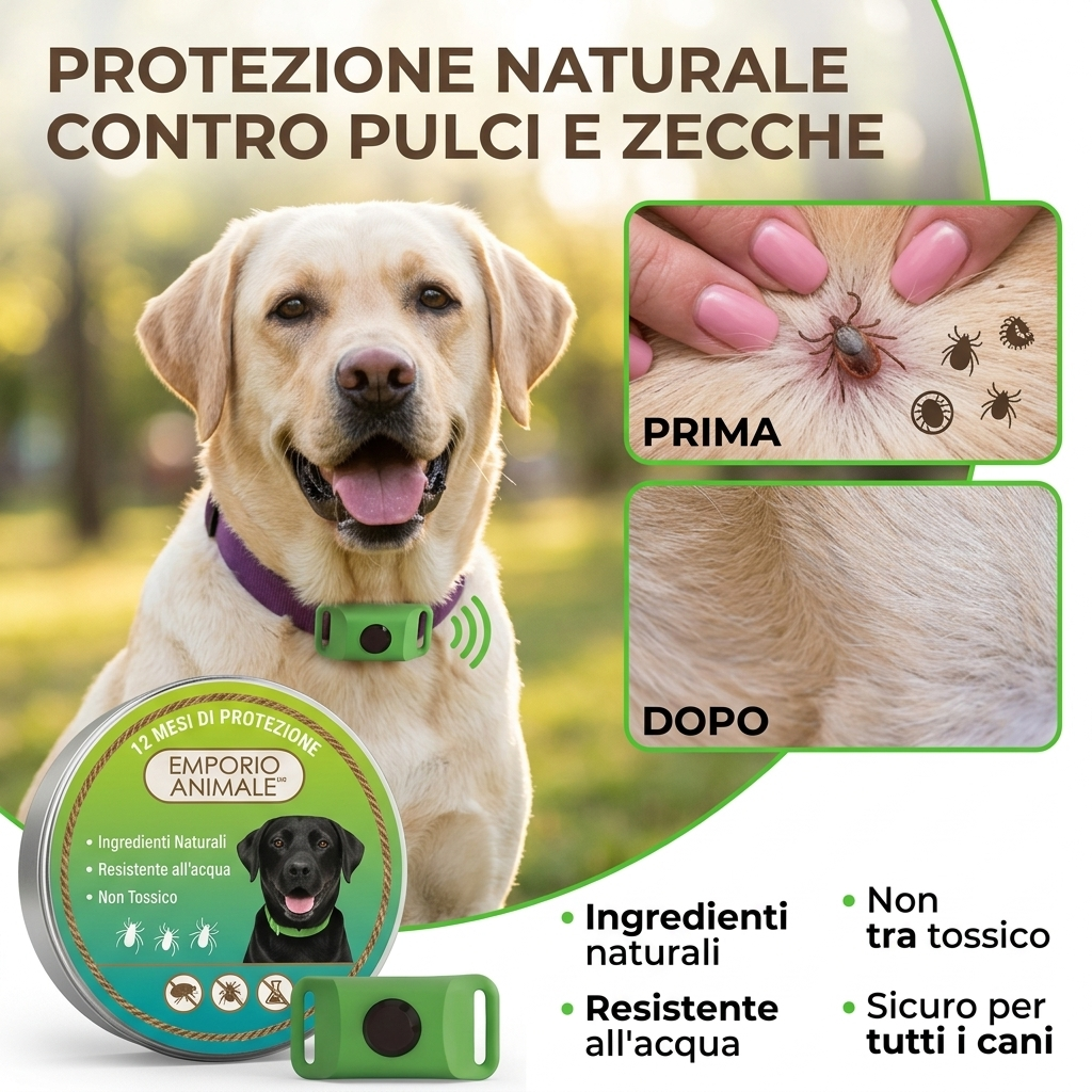 Emporio Animale™ Collare Antiparassitario Naturale per Cani - 12 Mesi di Protezione