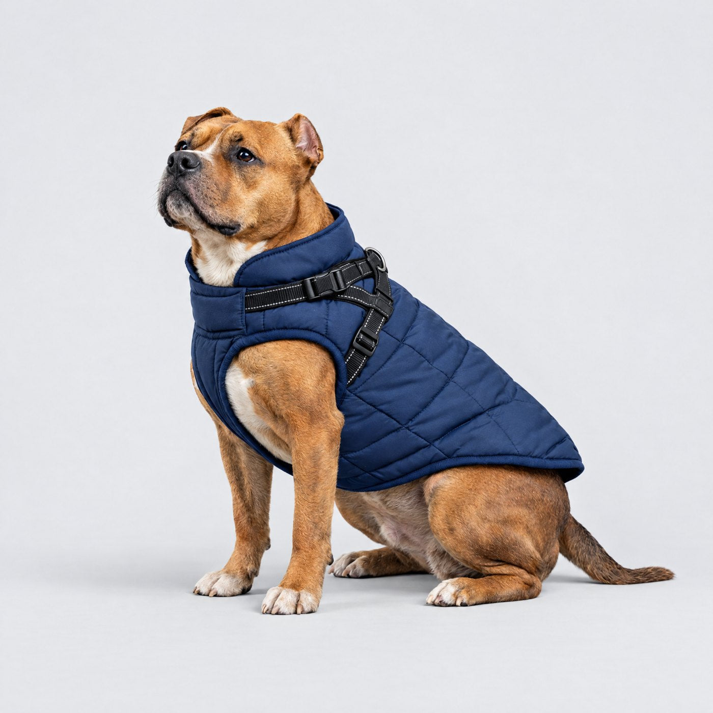 Giacca 3 in 1 blu indossata da un cane